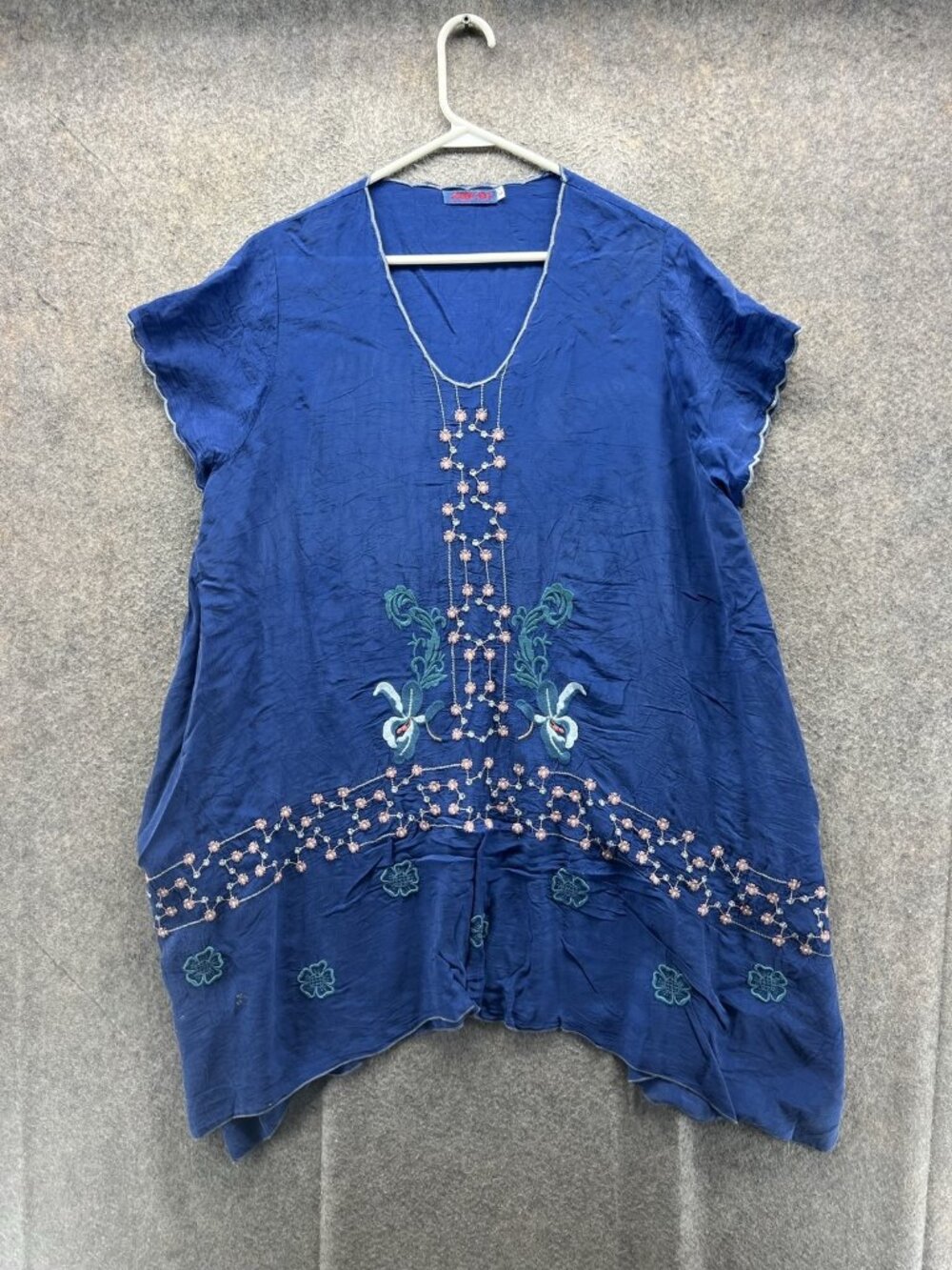 Johnny Was Blouse Women Large Blue V Neck Short Sleeve Floral Embroidered Tunic